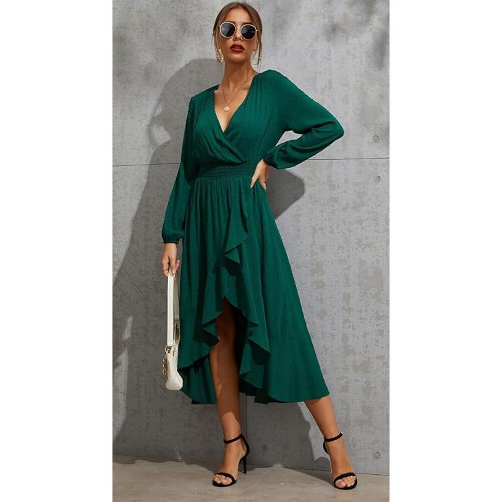 KORMEI Forest Green Boho Faux Wrap High Low Long Balloon Sleeve Midi Dress XL